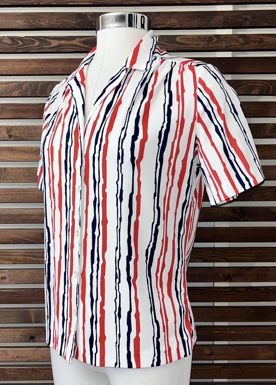 1970s 70s Vintage Red Blue White Striped Button Short Sleeve Graff Blouse Shirt