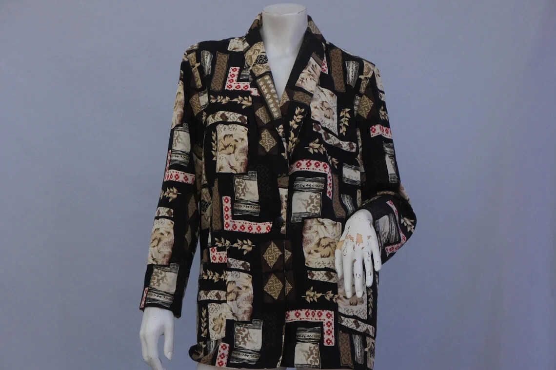 Vintage 90s Asian Patchwork Print Oversize Slouchy Blazer