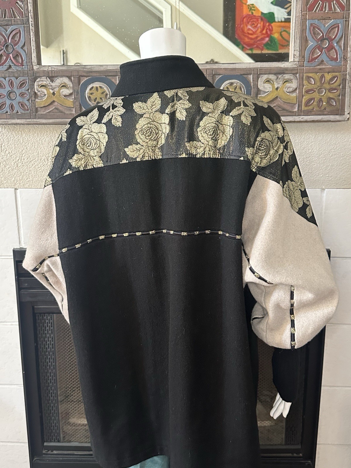 Vtg Wool Coat XL Lady Suzette Black Gold 80s Glam Zip Up Jacket Bat Wing Sleeves