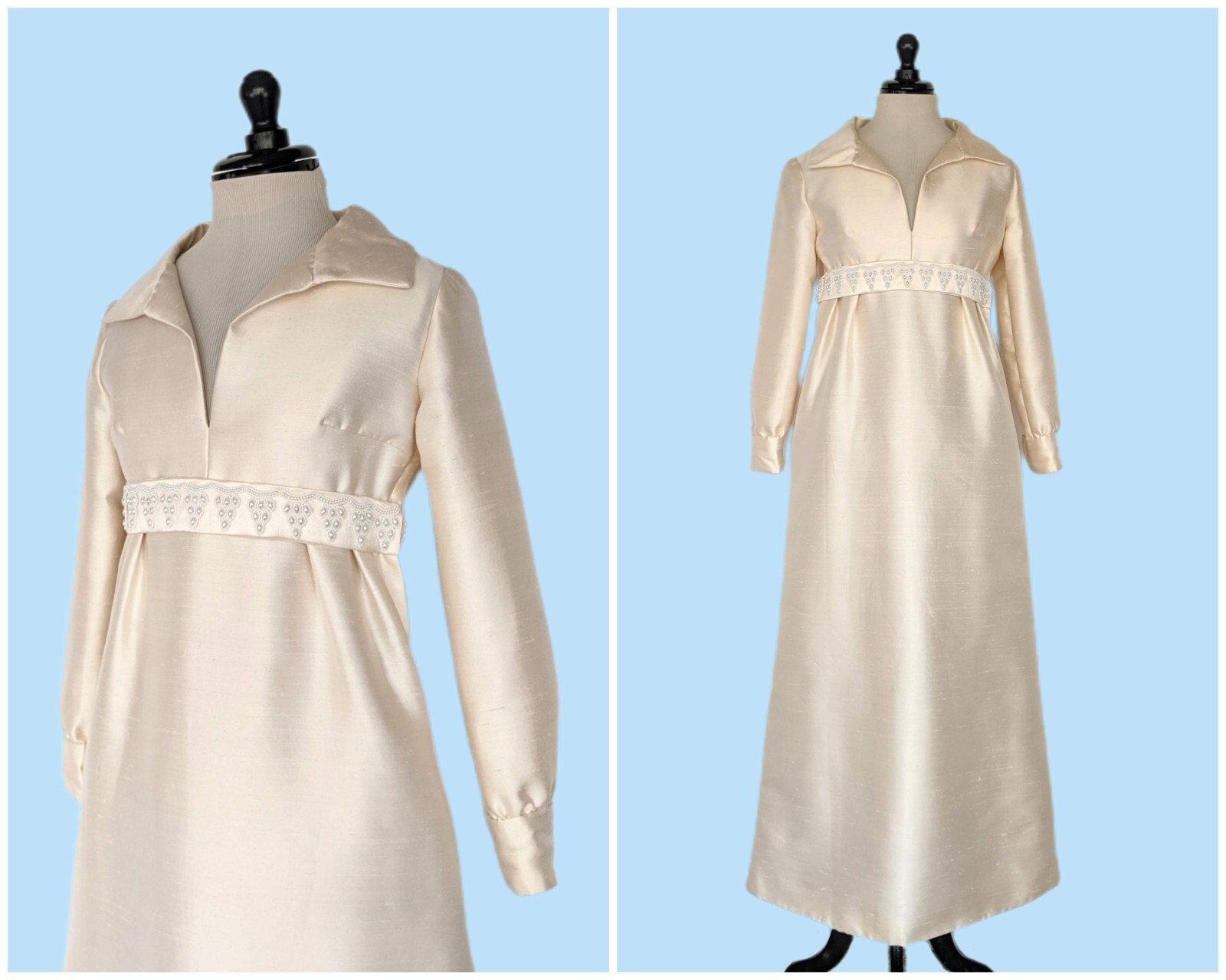 Vintage 1960s Ivory Silk Empire Waist Evening Gown 60s Long Sleeve Wedding Dress