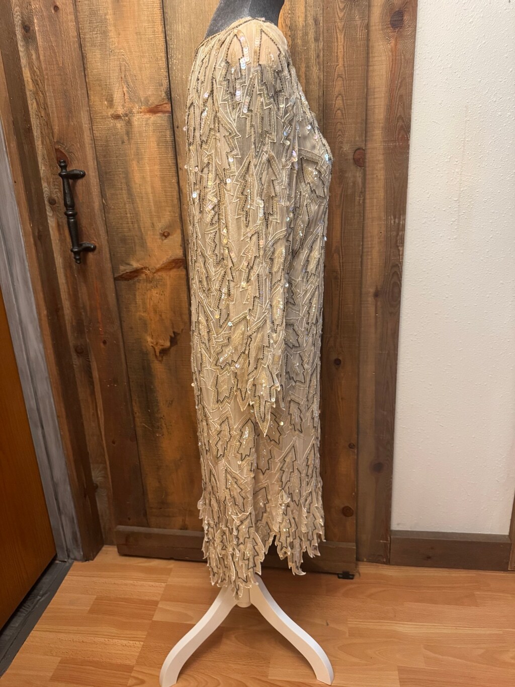 Vintage Champagne Gold Sequin Beaded Midi Dress Long Sleeve Tassel Belt Gala