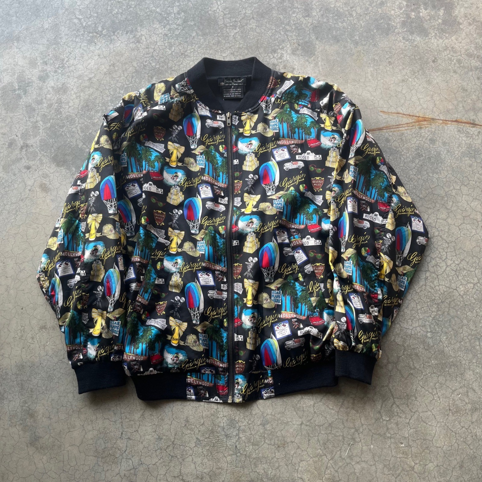 Nicole Miller Giorgio Beverly Hills Vintage Silk Bomber Jacket Hollywood Print S