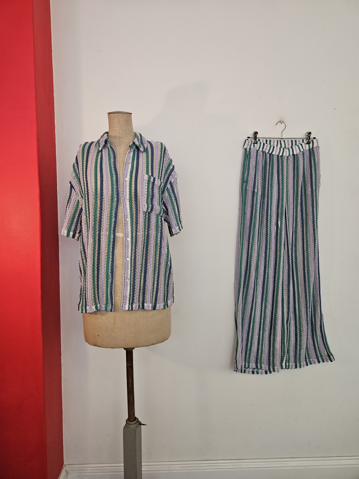 Vintage Inspired 70s Net Cotton Hippie Outfit Shirt Top Pants Flare Size XS-S-M