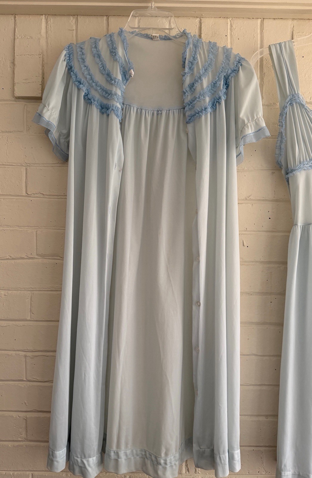 VTG Texsheen Sleep Peignoir Nightgown Robe Ruffle Set Sheer Soft Blue Size 32