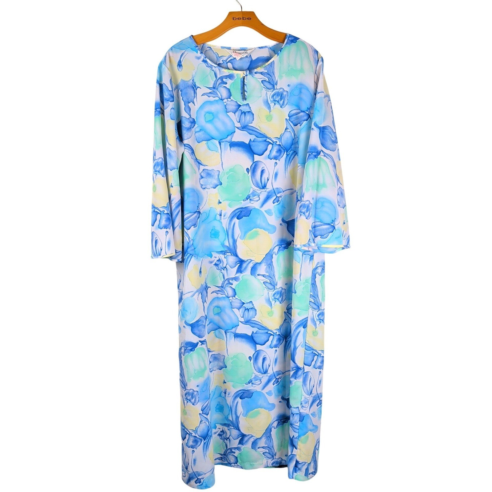 Diamond Tea Vintage Watercolor Floral Maxi Dress Large Blue Green Loungewear 90s