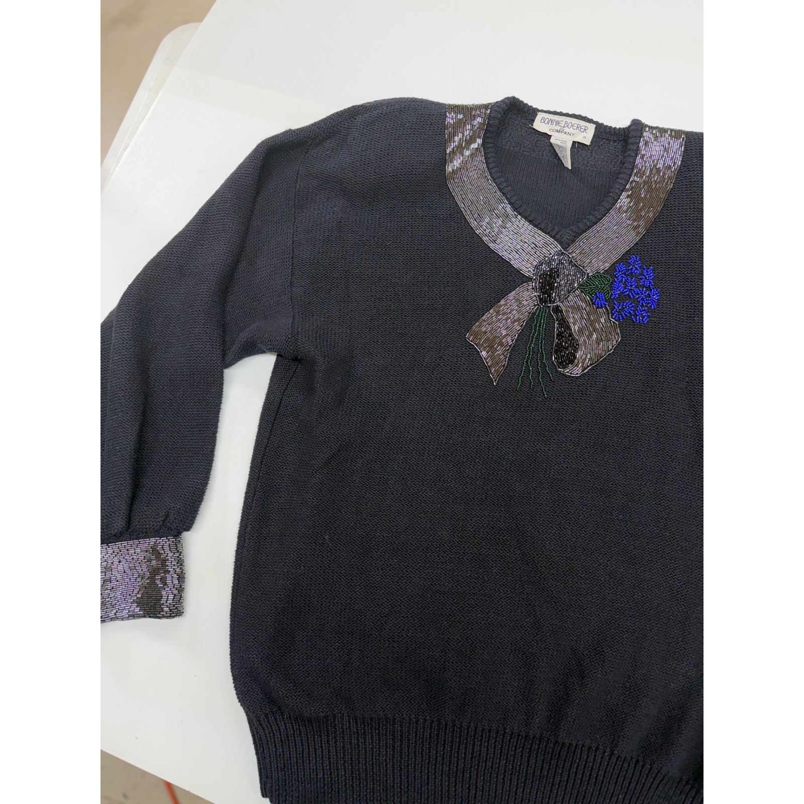 VTG Bonnie Boerer Sweater Black Beaded Sequin Bow Floral Ramie Cotton Womens M