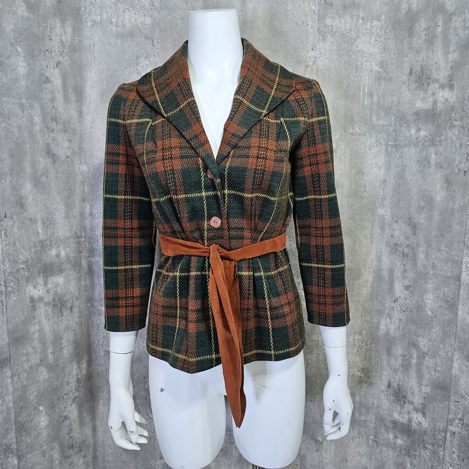 Vintage 70s Donovan Galvani Dallas Dbl Knit Polyester Brown Green Plaid Blazer