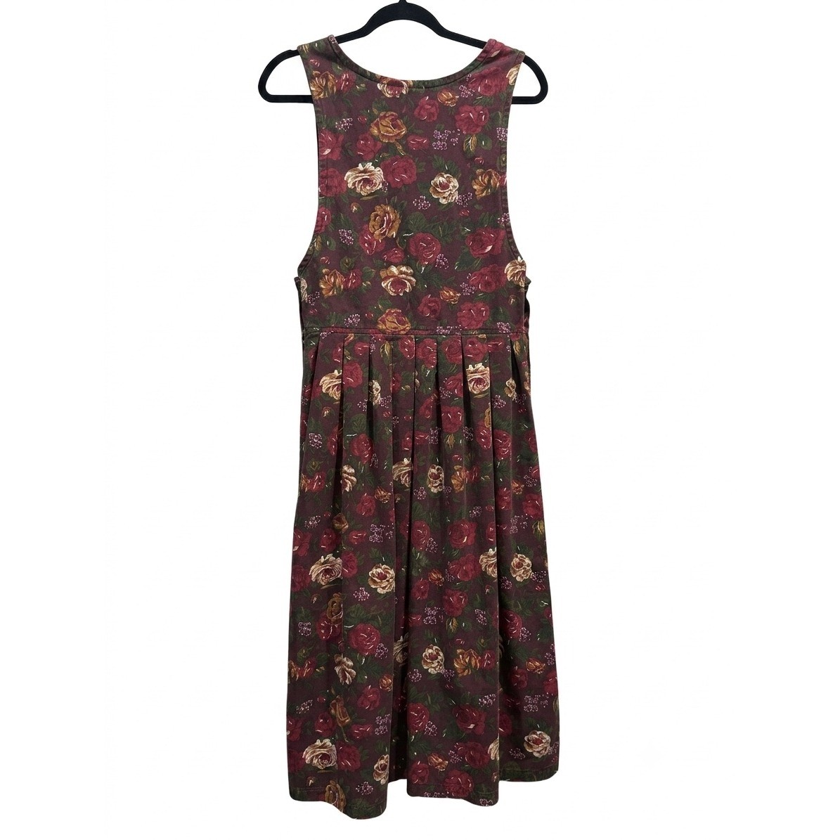 Vintage Pierre Cardin Floral Cotton Pinafore Jumper Dress Burgundy Rose Small
