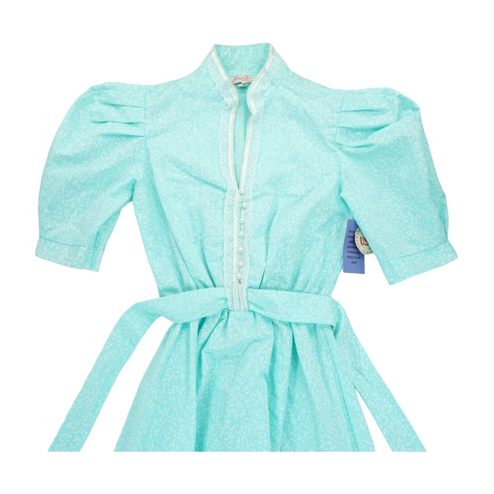 NWT Vintage 1970’s Jerri Jee New York Metallic Aqua Midi Dress Floral Ruffle