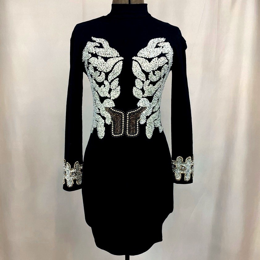 Vintage Womens (S/M) 90s Beaded Bodycon LBD Cocktail Dress Mini Mobwife McBling