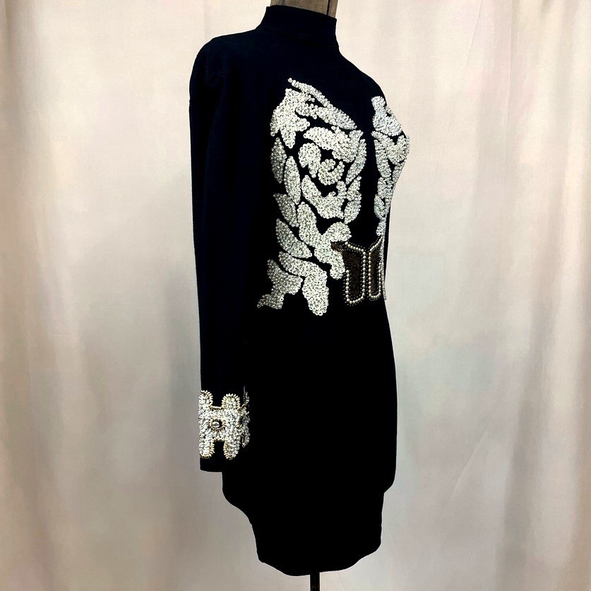 Vintage Womens (S/M) 90s Beaded Bodycon LBD Cocktail Dress Mini Mobwife McBling