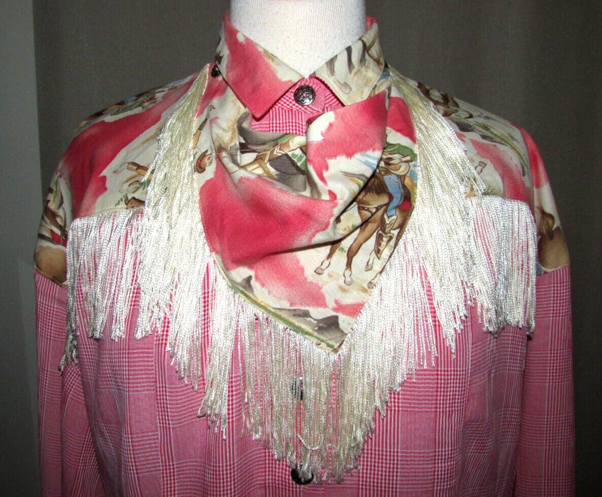 Vintage PINK Fringed Western Long Sleeve Blouse with Scarf Pamela Brandt USA 8