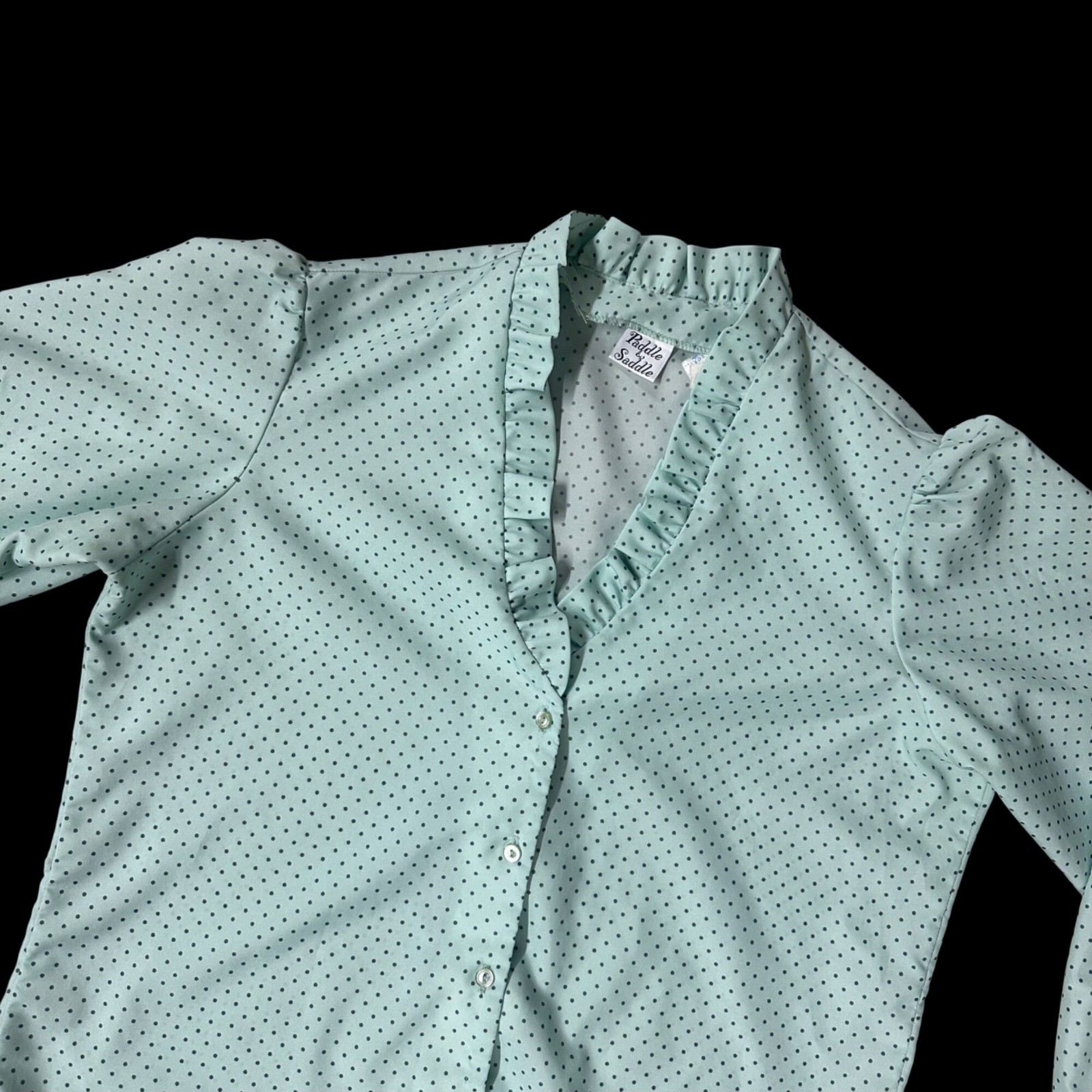 Vtg Mint Green Polka Dot Blouse Ruffled Shirt Union Made USA 50s Paddle & Saddle