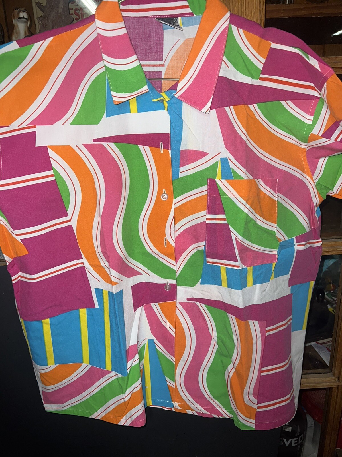 vtg 80’s 90’s C’EST JOLI By Laura Mom L Geometric Swoops Stripe Shirt Pink