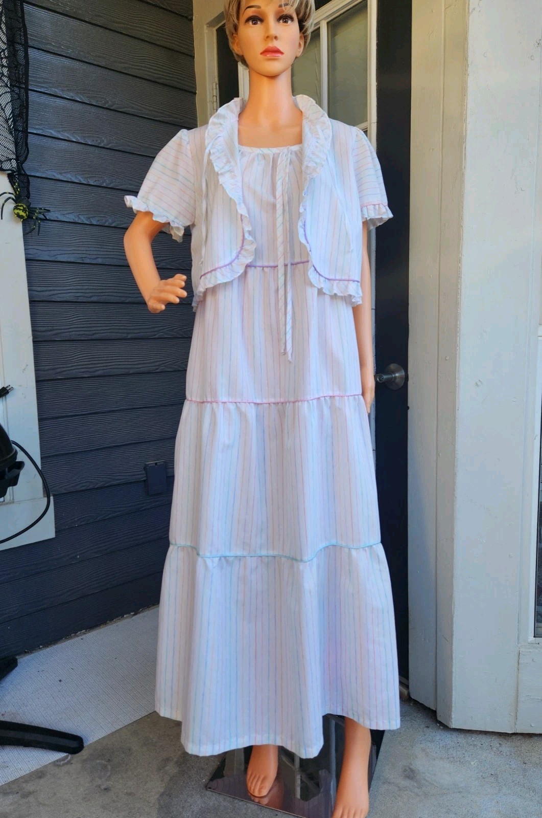 Vtg Brandywine 2-Piece Set Striped Tiered Maxi Prairie Dress & Bolero Jacket M