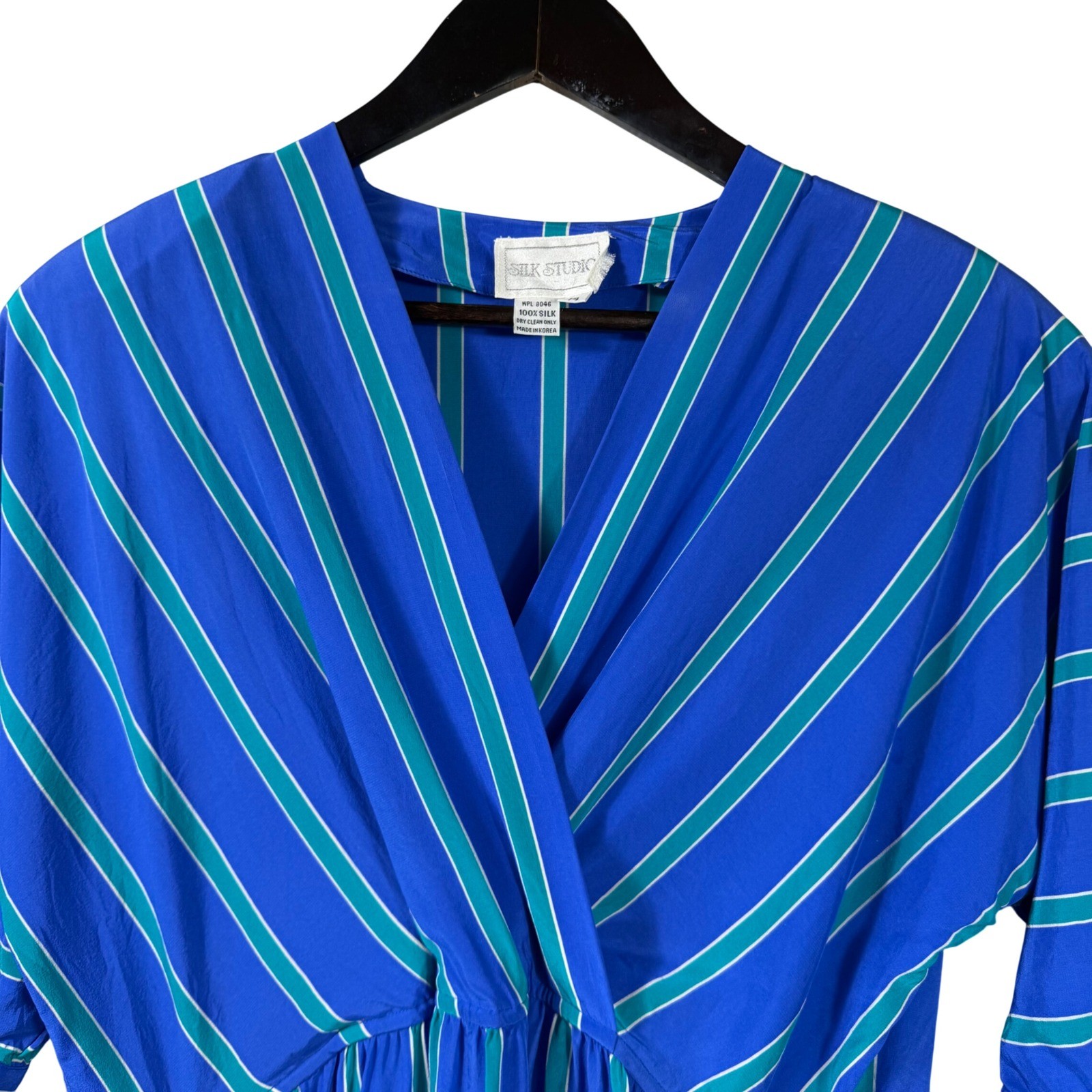 Vintage Silk Studio 100% Silk Striped Dress Blue Green Midi Size 14 Korea