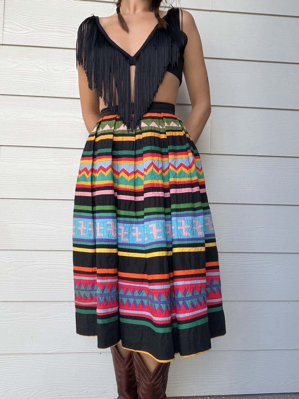 Vintage 40s 50s Colorful Native American Seminole Midi Skirt Side Metal Zip XS