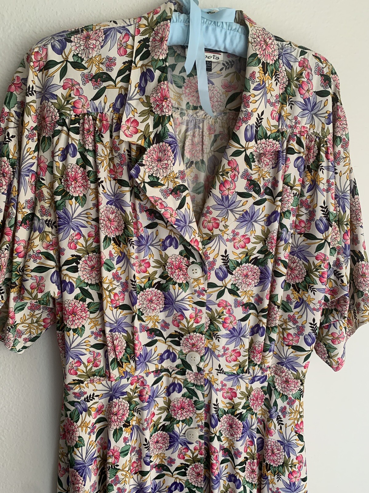14 Vintage Talbots Baldanza 80s Does 40s Silk Dress Spring Floral Mums Retro