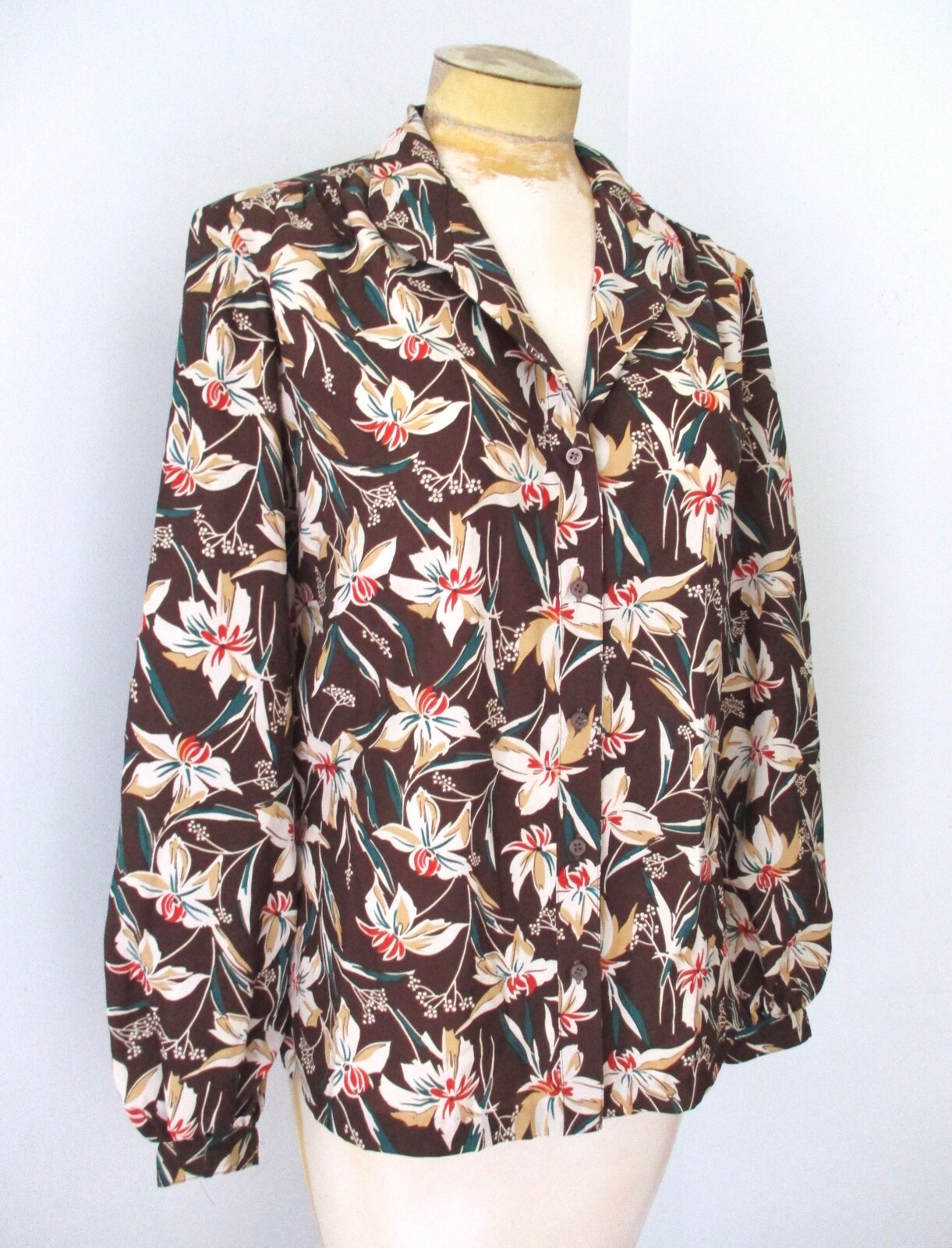 Vtg 70s brown gold lilly floral silky poly secretary blouse top lantern slvs 14