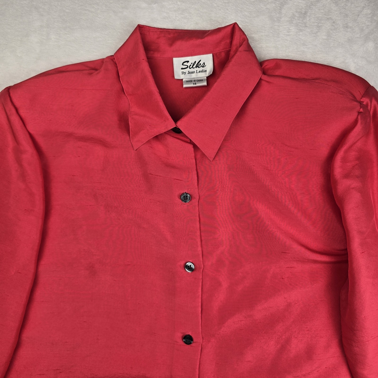 Vintage Joan Leslie Silk Blouse 14 Pink Fuchsia Long Sleeve Button-up Grannycore