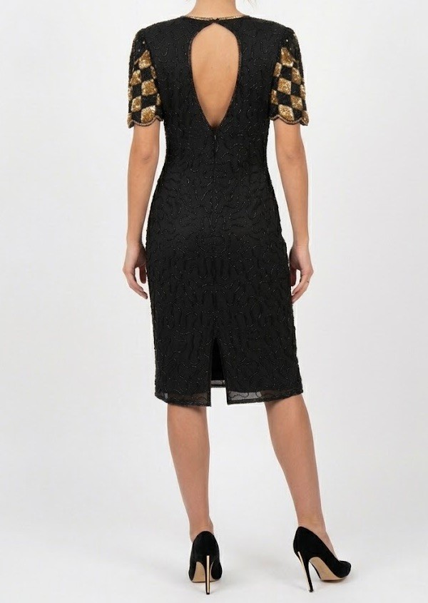 SWEELO Vintage Silk Beaded Black Gold Dress India Art Deco Sequin S 6-8