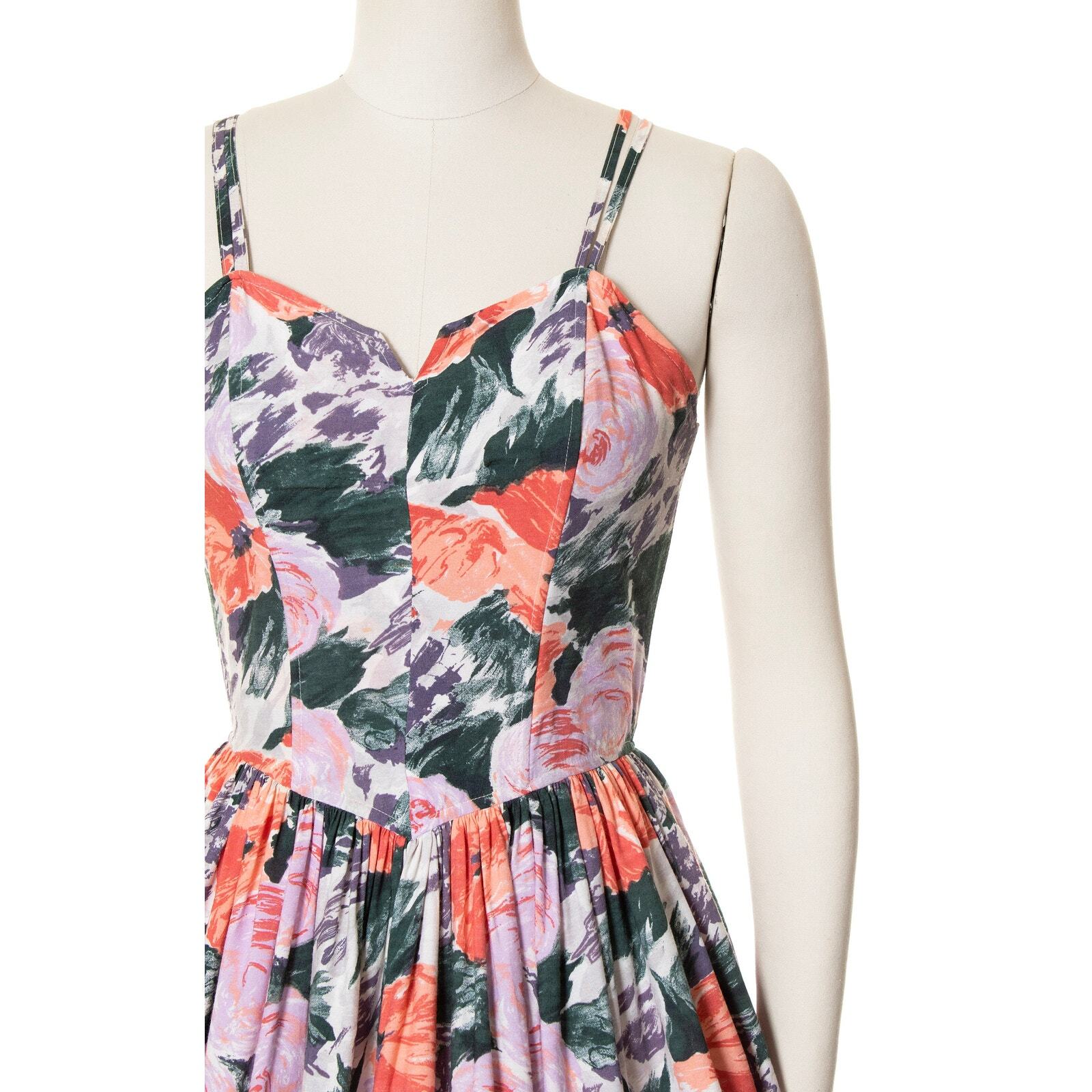 Vintage 1970s Sundress 70s does 1950s Floral Print Spaghetti Strap Fit and Flare