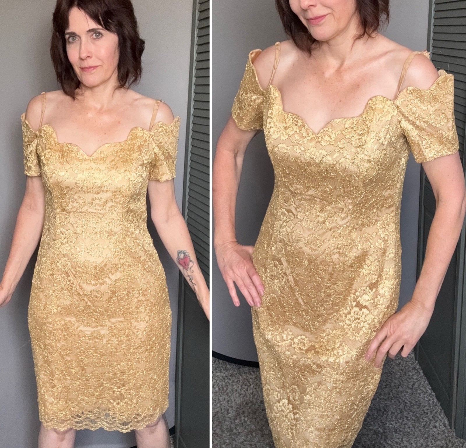 VTG 80’s 90’s Karen Lucas for Niki Gold Lace off shoulder dress Sz M 8 prom coct