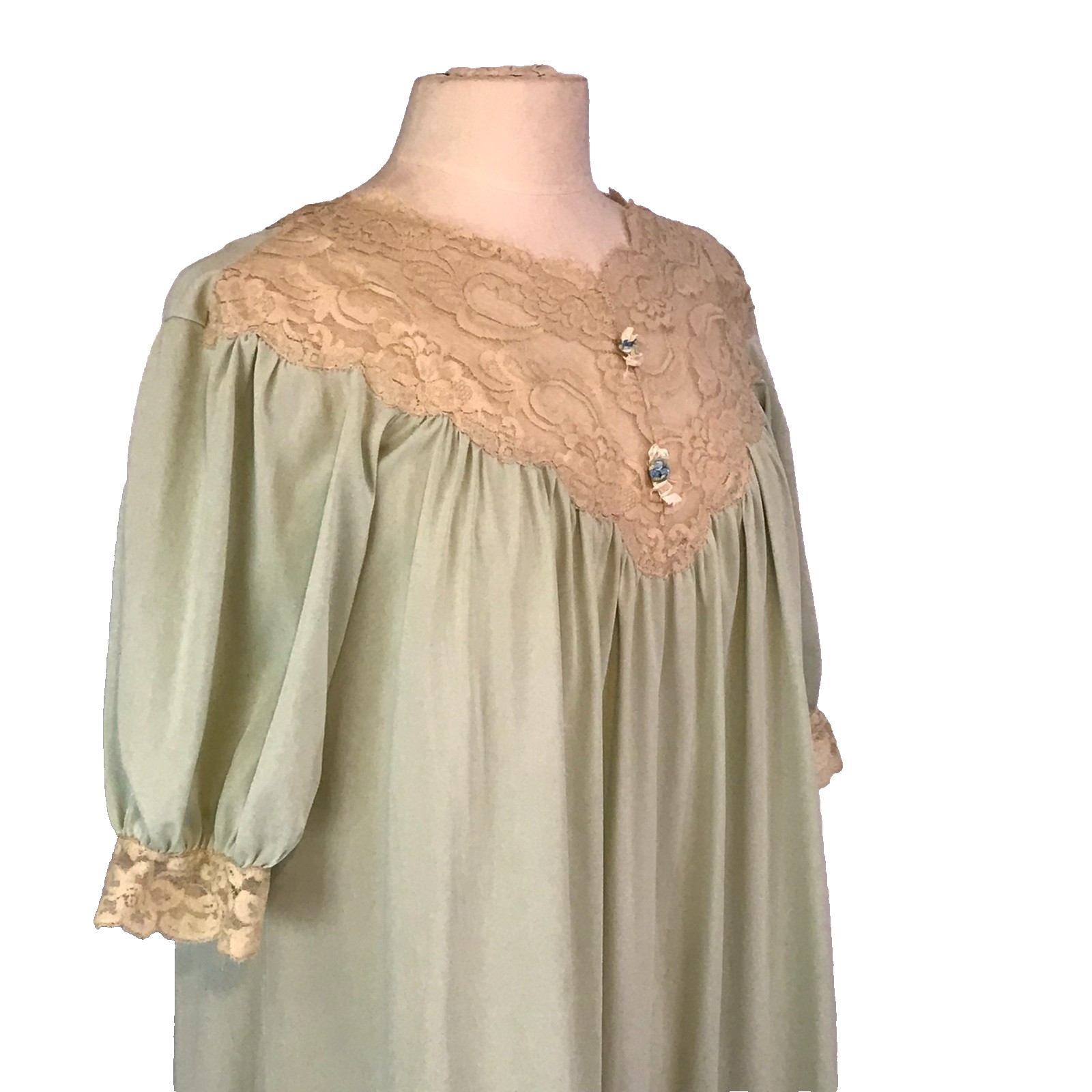 Cira Vintage Light Green Cream Lace Long Nightgown, Short Sleeves V-Neck 38 Bust