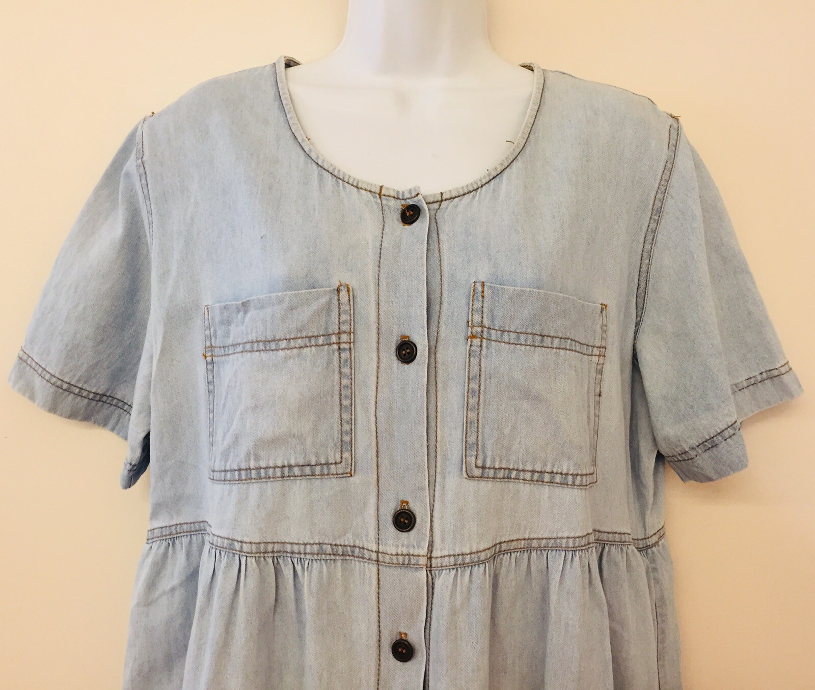 Chambray Short Sleeve Dress Pockets Vintage 1990s Light Blue Button Front M L XL