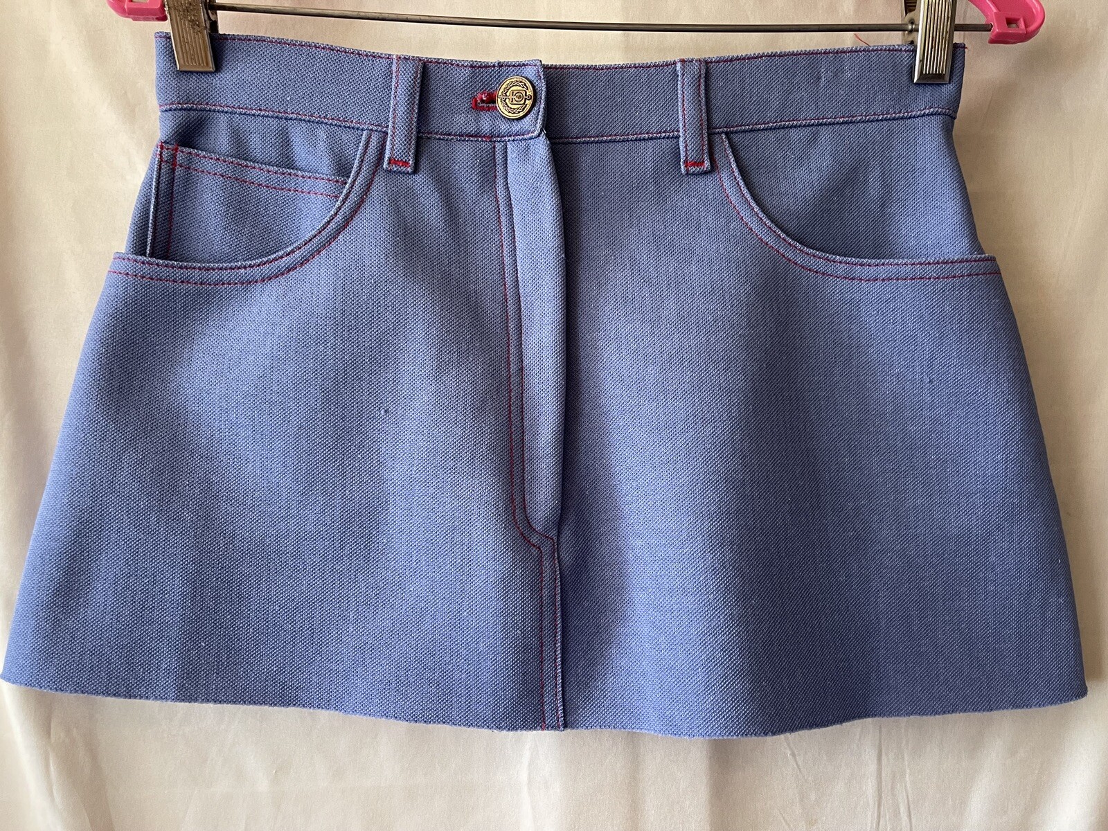 VINTAGE 70’S GRAFF CALIFORNIA WEAR BLUE POLY SHORT MINI SKIRT, 28″ WAIST, EUC