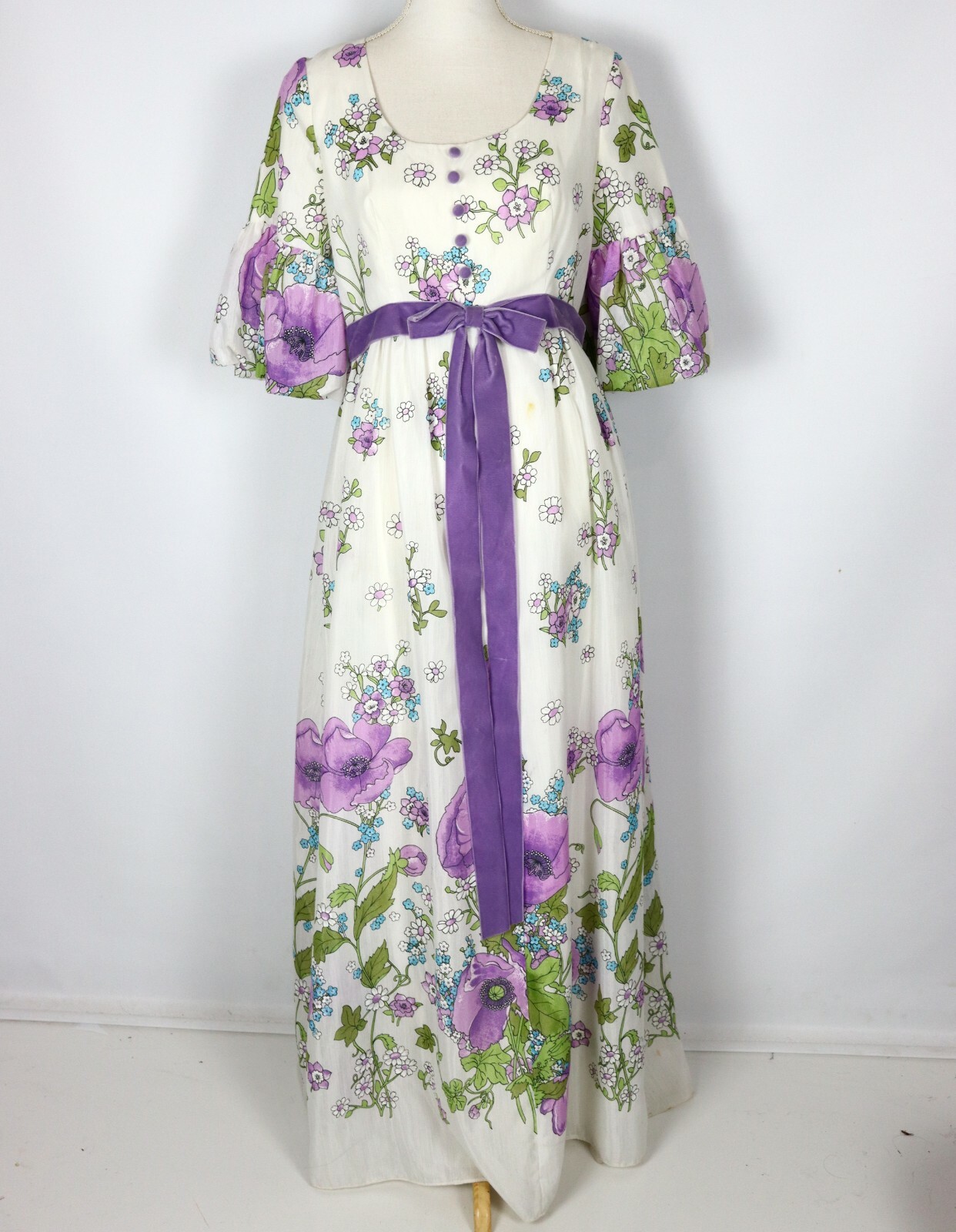 Purple Floral 70s Maxi Dress Ladies S Boho Hippy Retro Festival Prarie Vintage