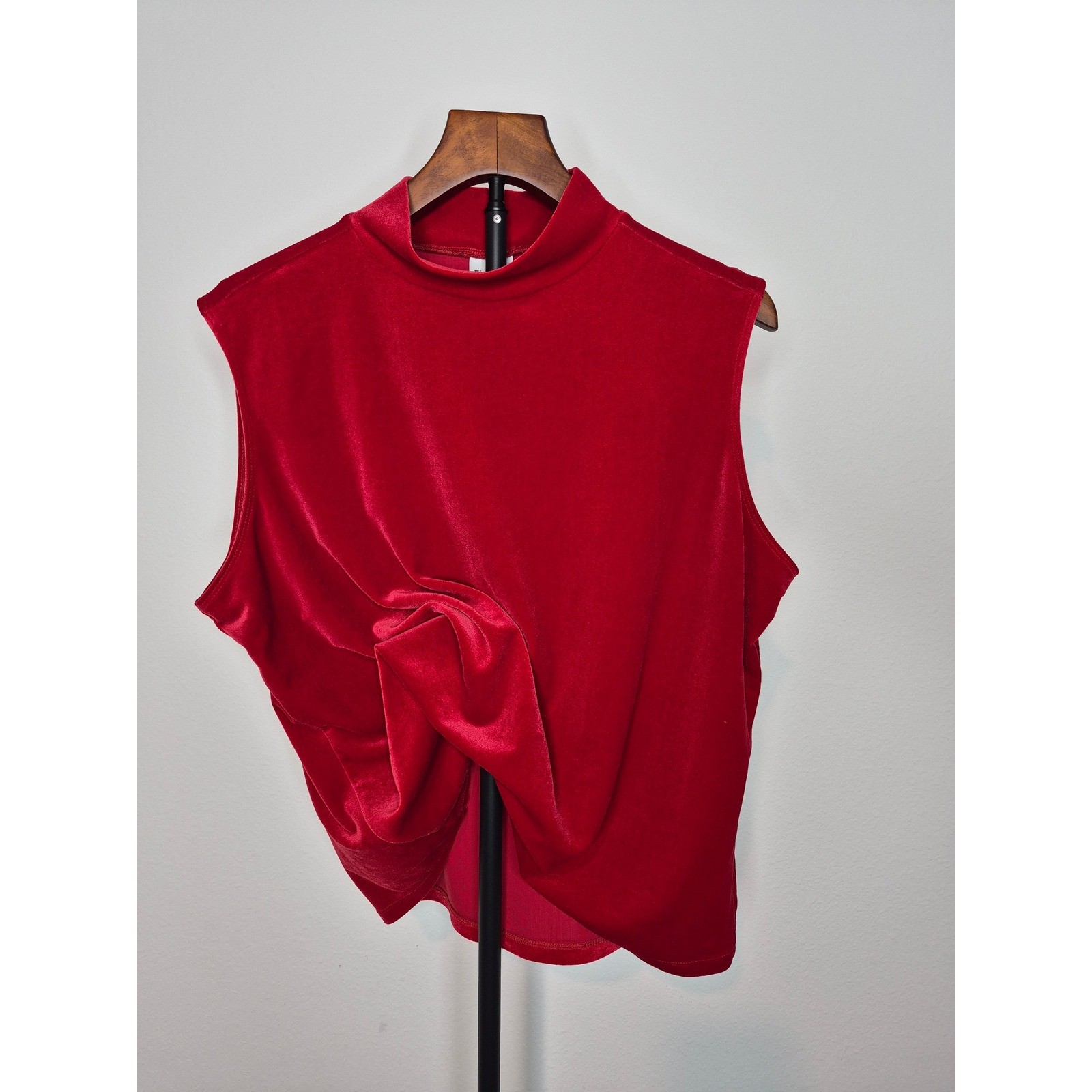 Vintage 90s Red Velvet Sleeveless Mock Neck Top XL Party Maximalism Dopamine