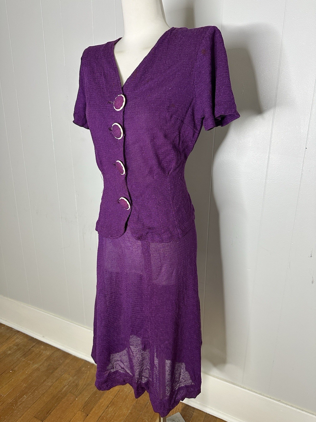 Vintage 1930s Purple Knit 2 Piece Skirt And Blouse Set