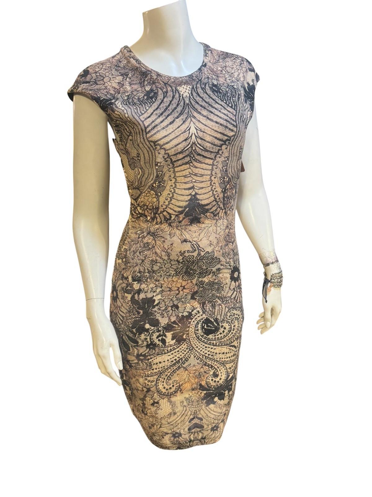 Vintage Alexander McQueen Art Nouveau Print Bodycon Dress in Black Cream S/M