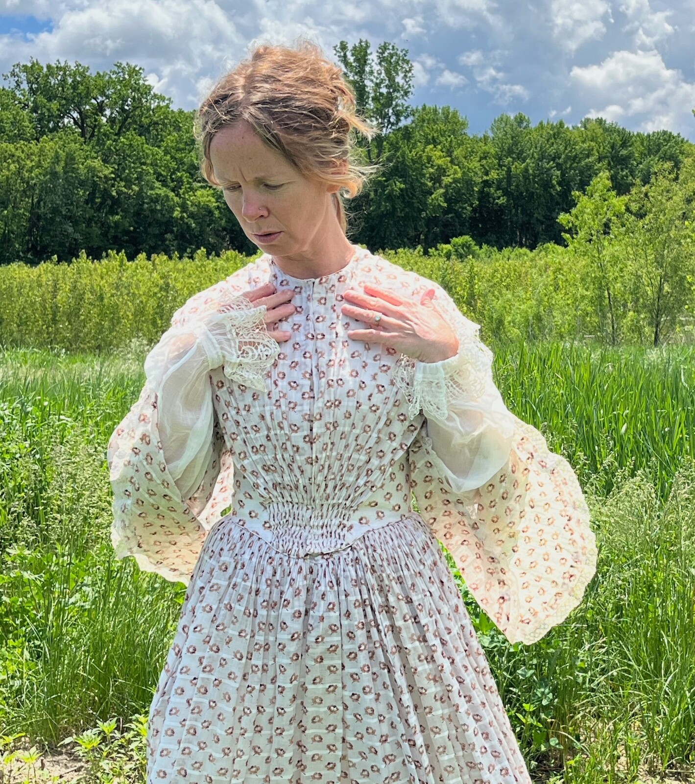 1850s Victorian Printed Rosebud Cotton Fan Front Dress Tiered Pagoda Sleeves XS