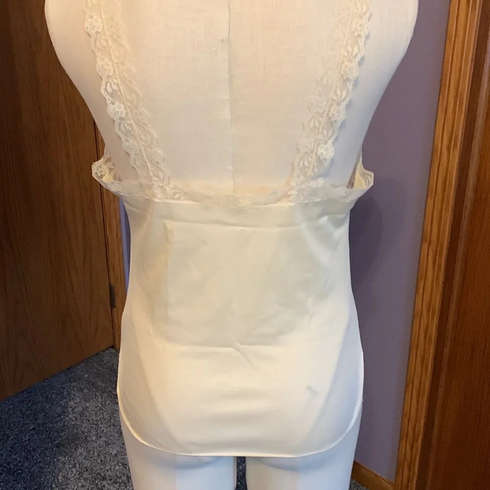 Women’s Ivory Satin Camisole Lingerie Top with Lace Trim, Satin Fabric