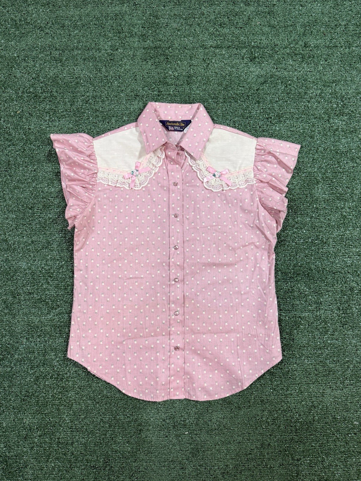 80s Vintage Panhandle Slim Woman’s Western Pearl Snap Pink Shirt Size 12 USA