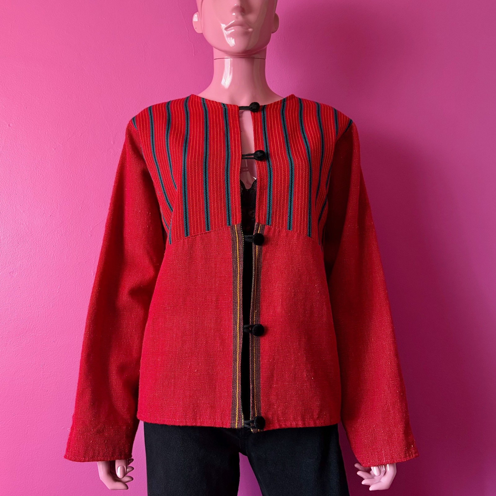Vintage 90s XL Guatemalan Jacket Red Multicolor Handwoven Stripes Velvet Buttons