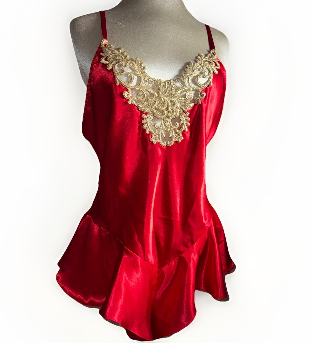 Vintage The Jessica Lynn Collection Red And Gold Snap-Crotch Bodysuit Medium
