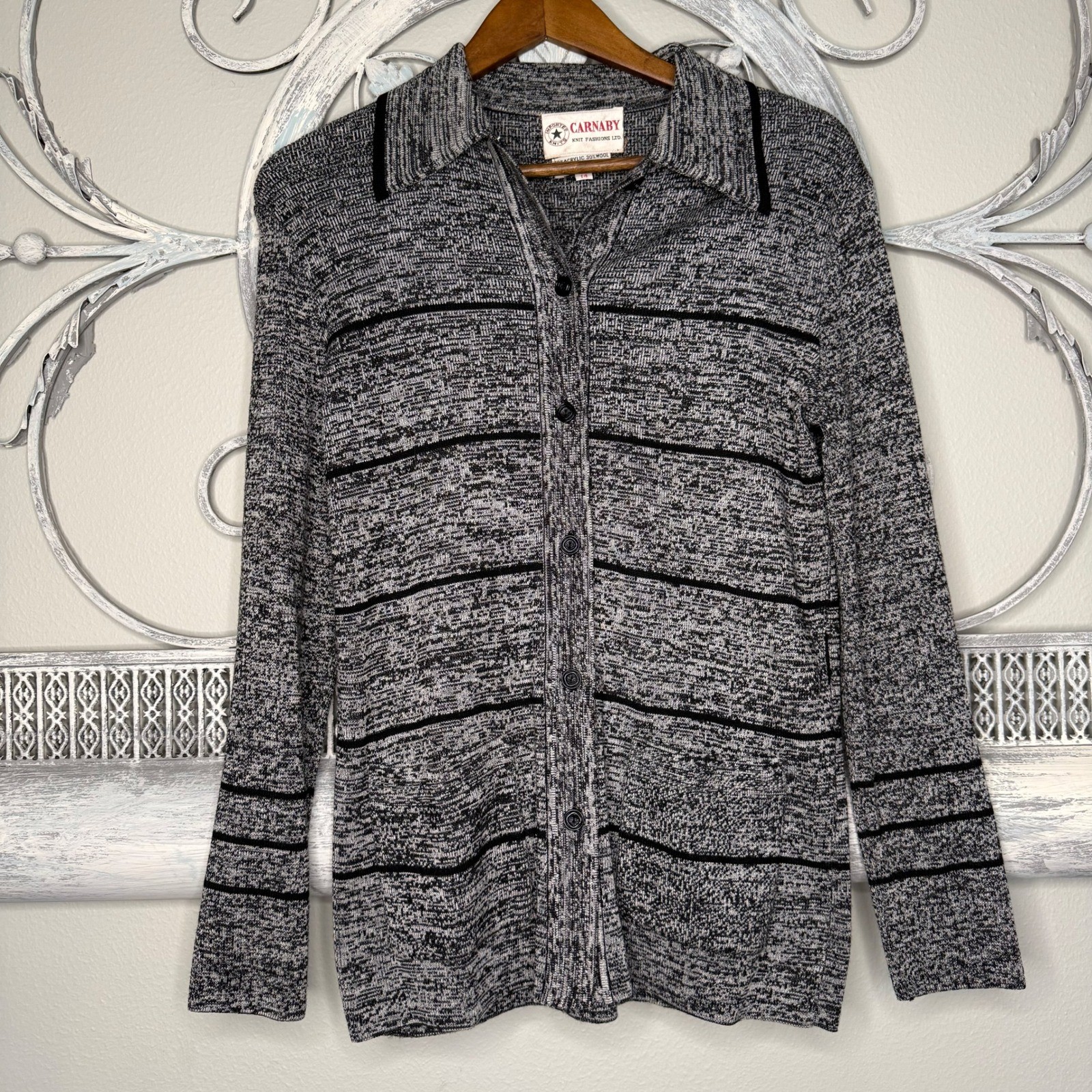 Vintage Carnaby Knit Fashions Grey Marled Striped Wool Blend Cardigan Size 14