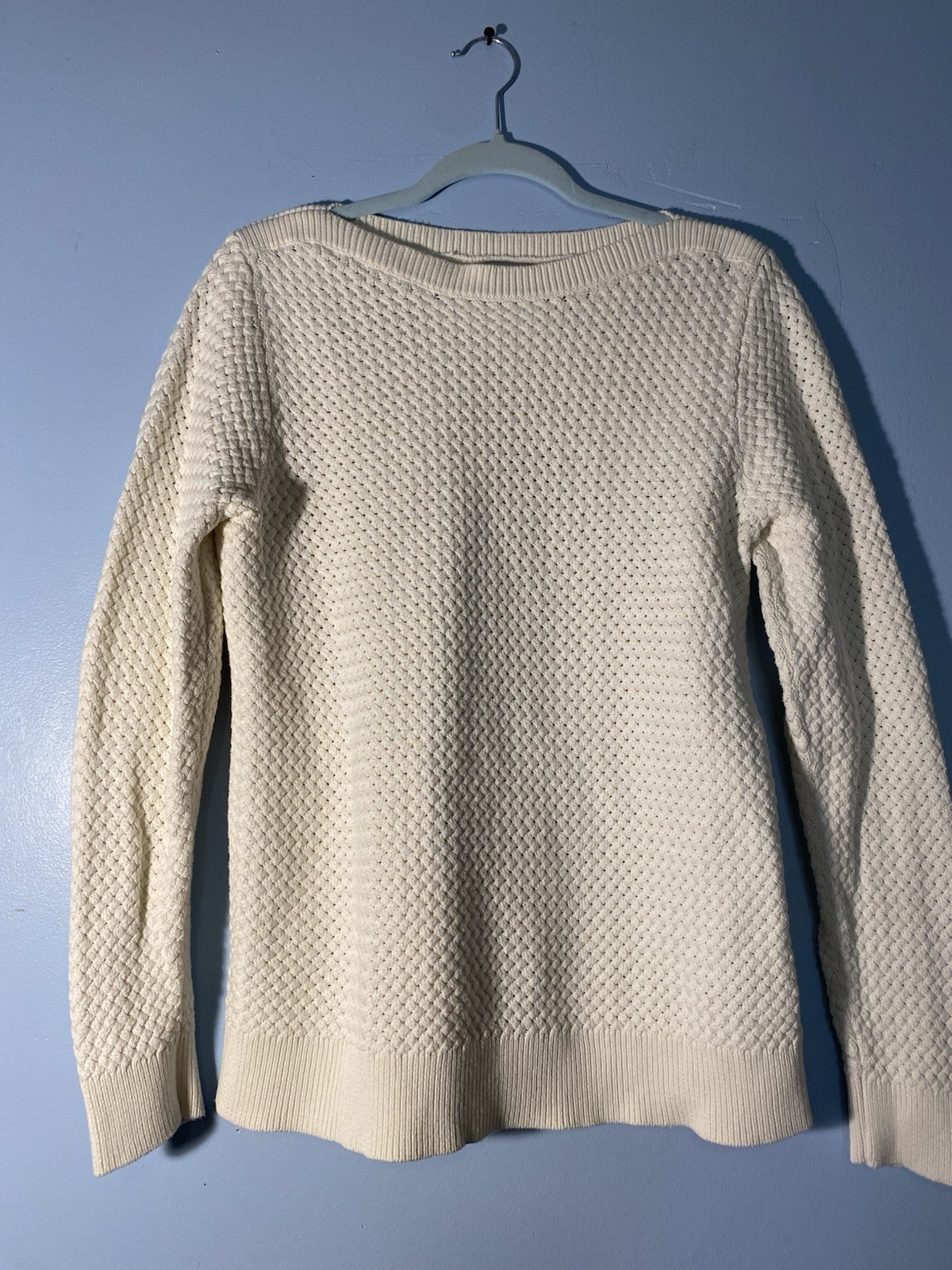 Vintage LL Bean Ivory Cotton Boatneck Basket Weave Sweater L Fisherman Core