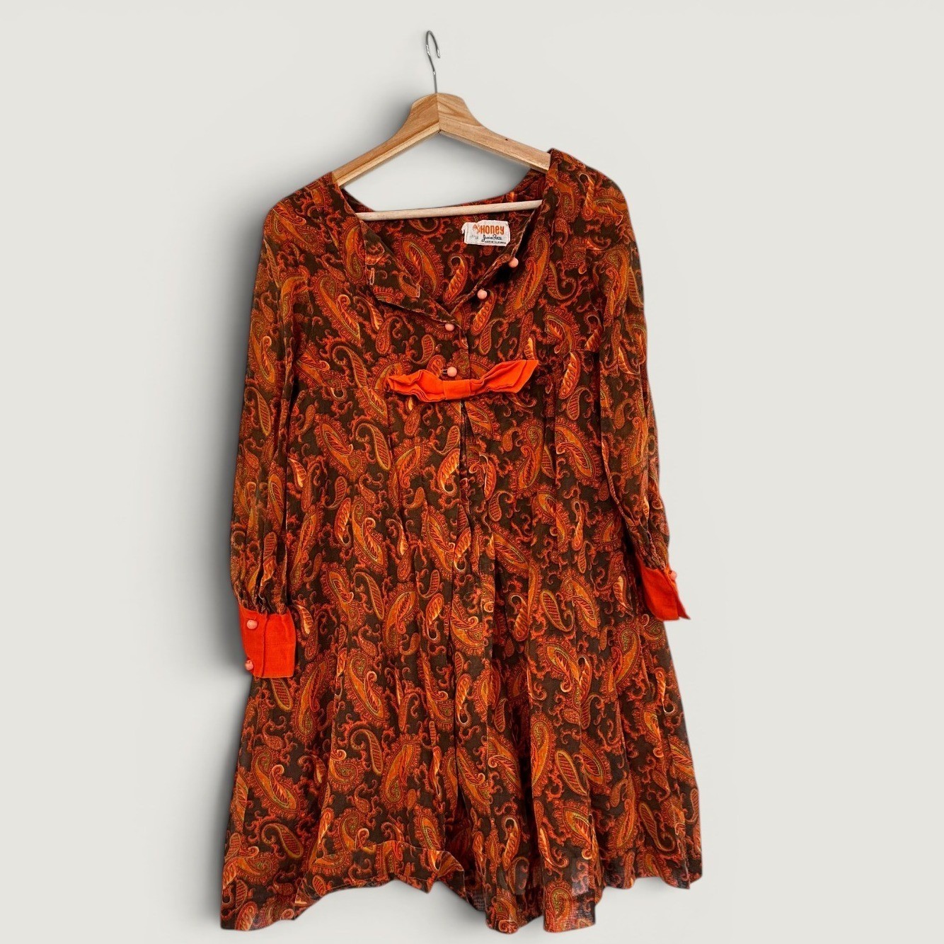Vintage 60s Honey Junior Petite Paisley Dress Small Mod Orange Brown Retro