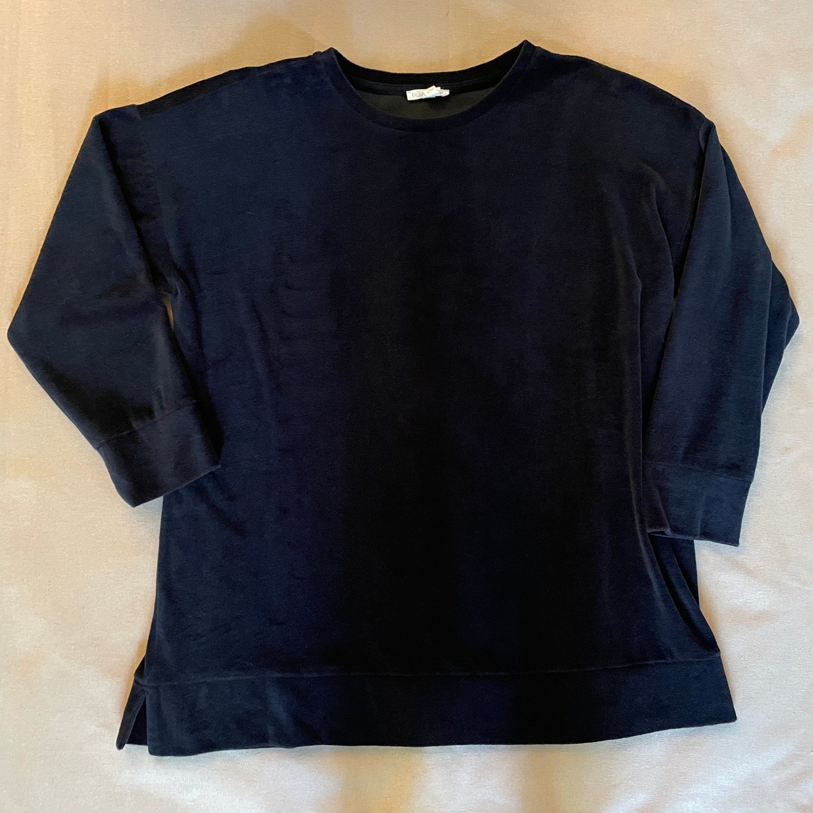 Eileen Fisher Velour Crew Neck Size M Black Organic Cotton Oversized Plush Cozy