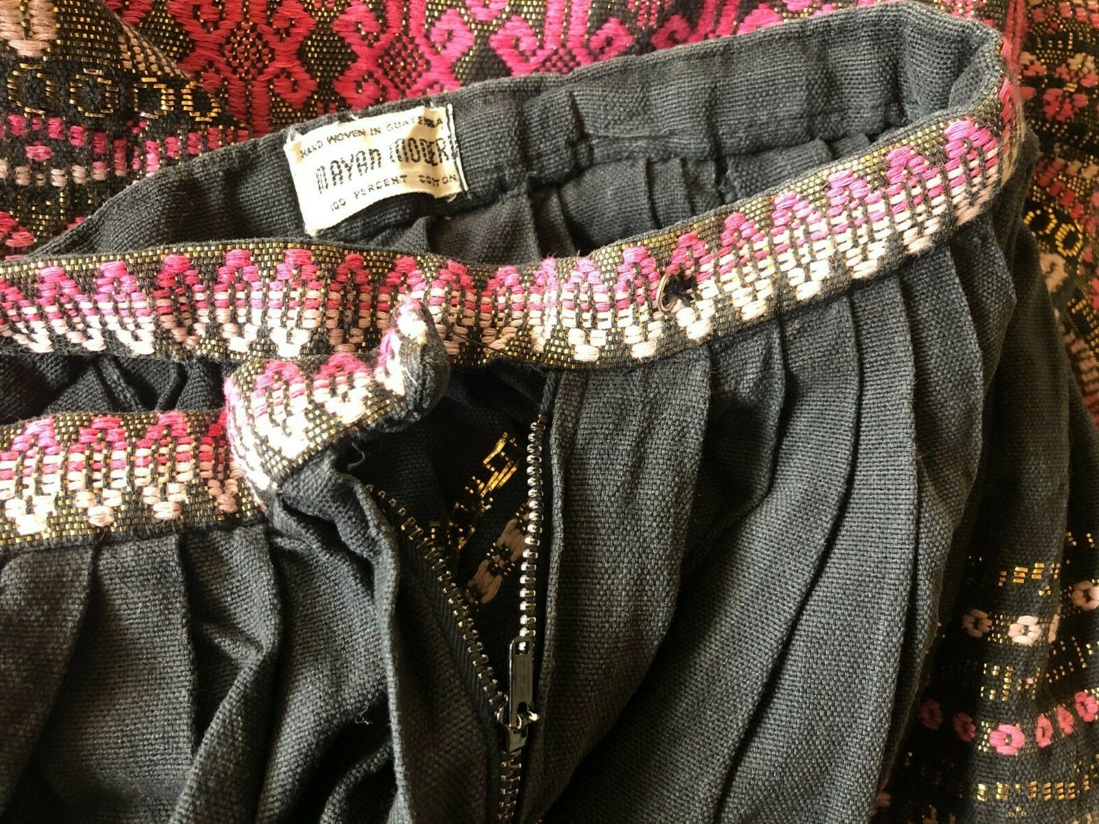 Vintage Hand Woven Mayan Modern Guatemalan Skirt Pink Black Metallic 50s 60s