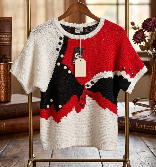 Campus Casuals of Cali NWT Red/white/black short sleeve knit Vintage sweater, L