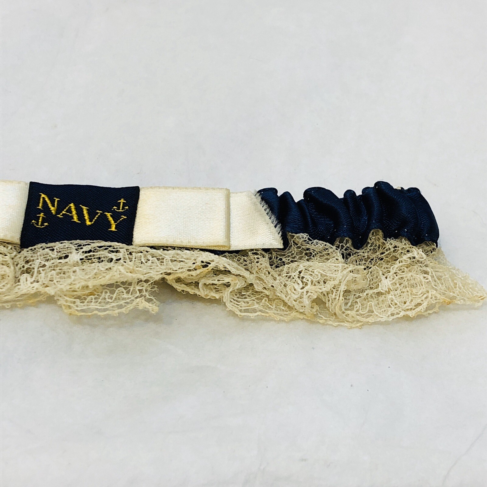 Vintage 1950s US Navy Wedding Garter Blue with Gold Anchors and Lace
