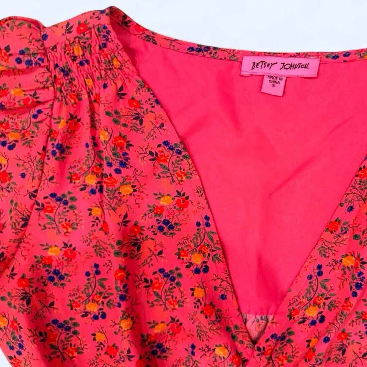 Betsey Johnson Pink Multicolor Floral V-Neck Ruffle Puff Sleeve Dress S