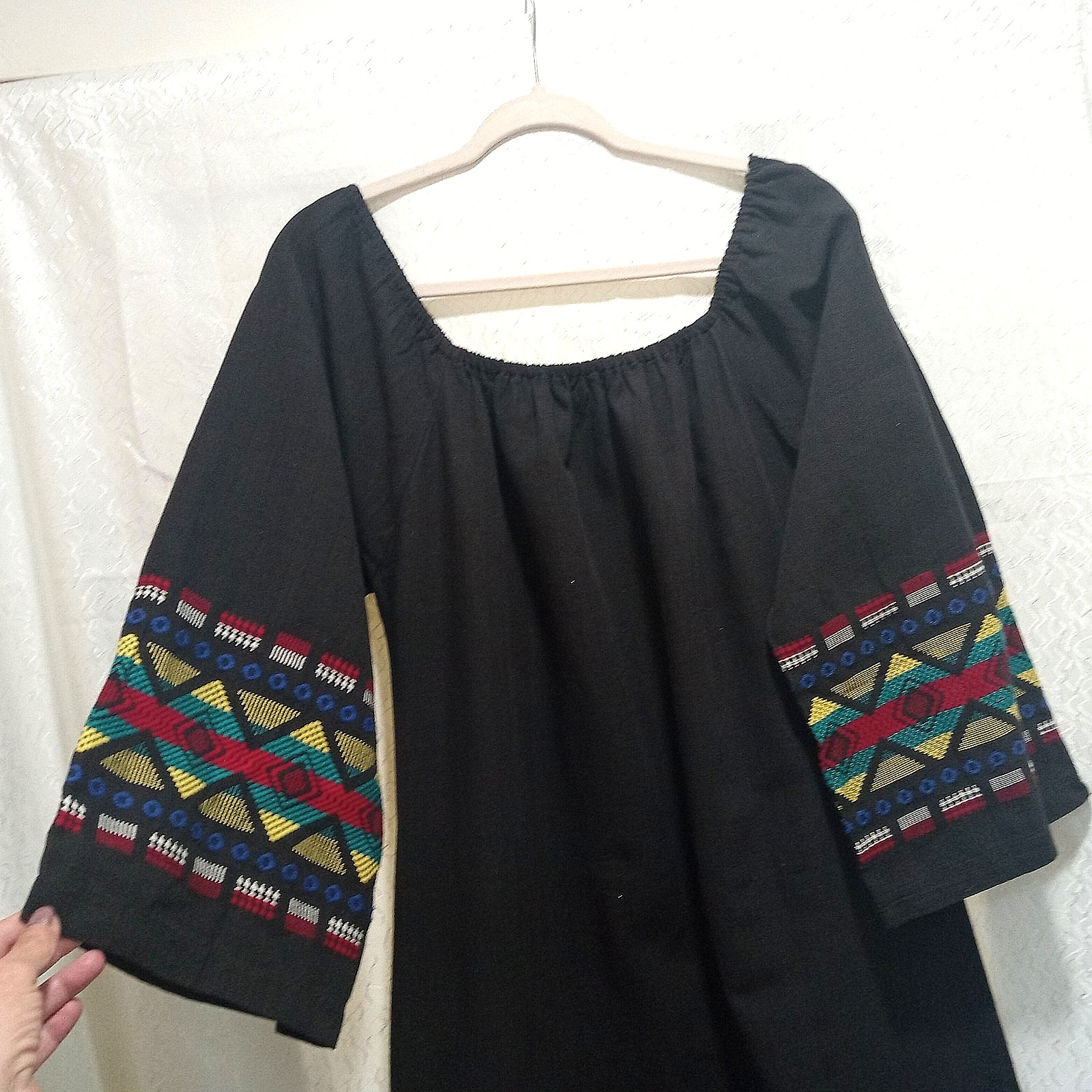 VTG Guatemala Cotton Woven Dress Maxi Embroidered Black Multicolor Peasant Large