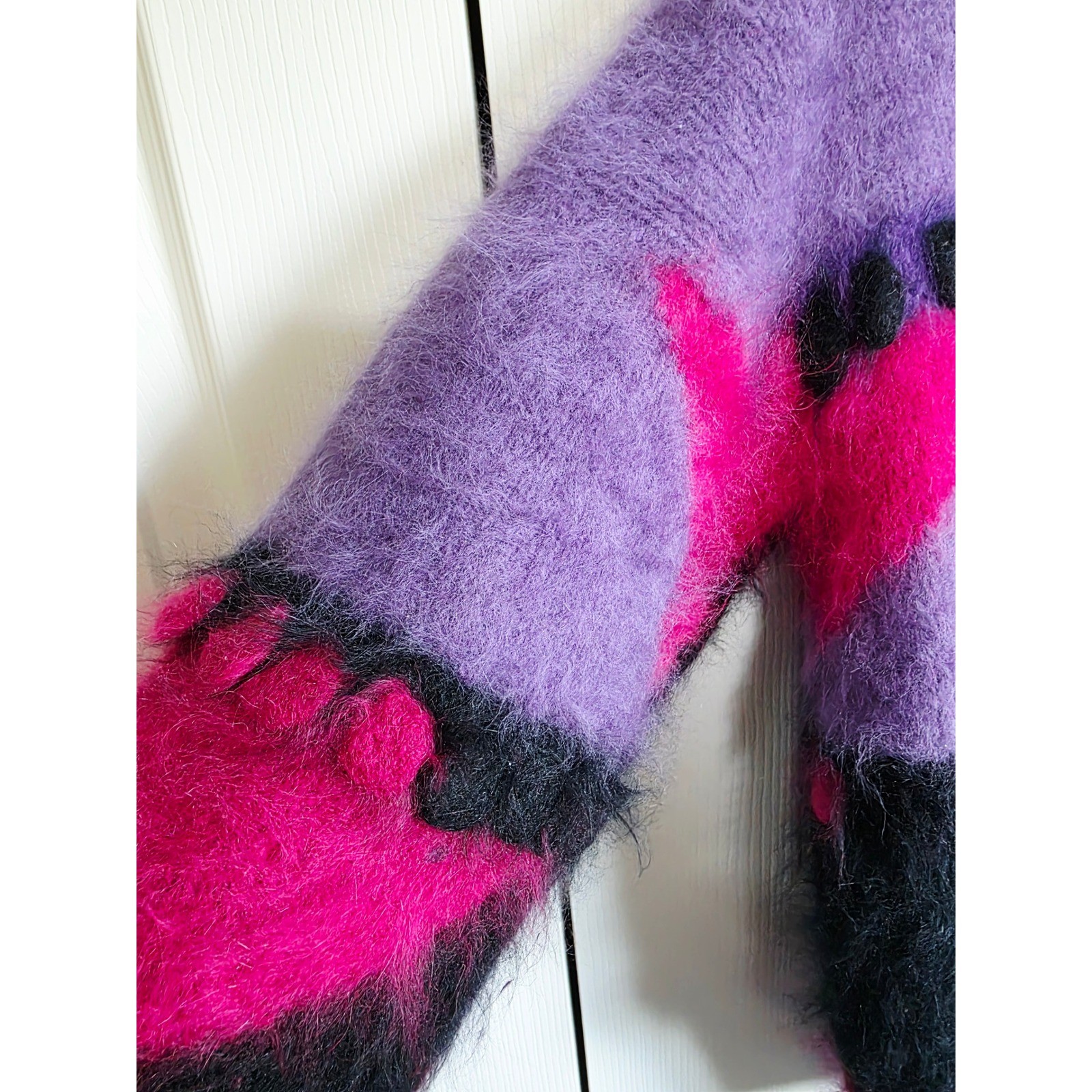 Vintage 80s L Angora Lambswool Abstract Colorblock Fuzzy Sweater Purple Pink