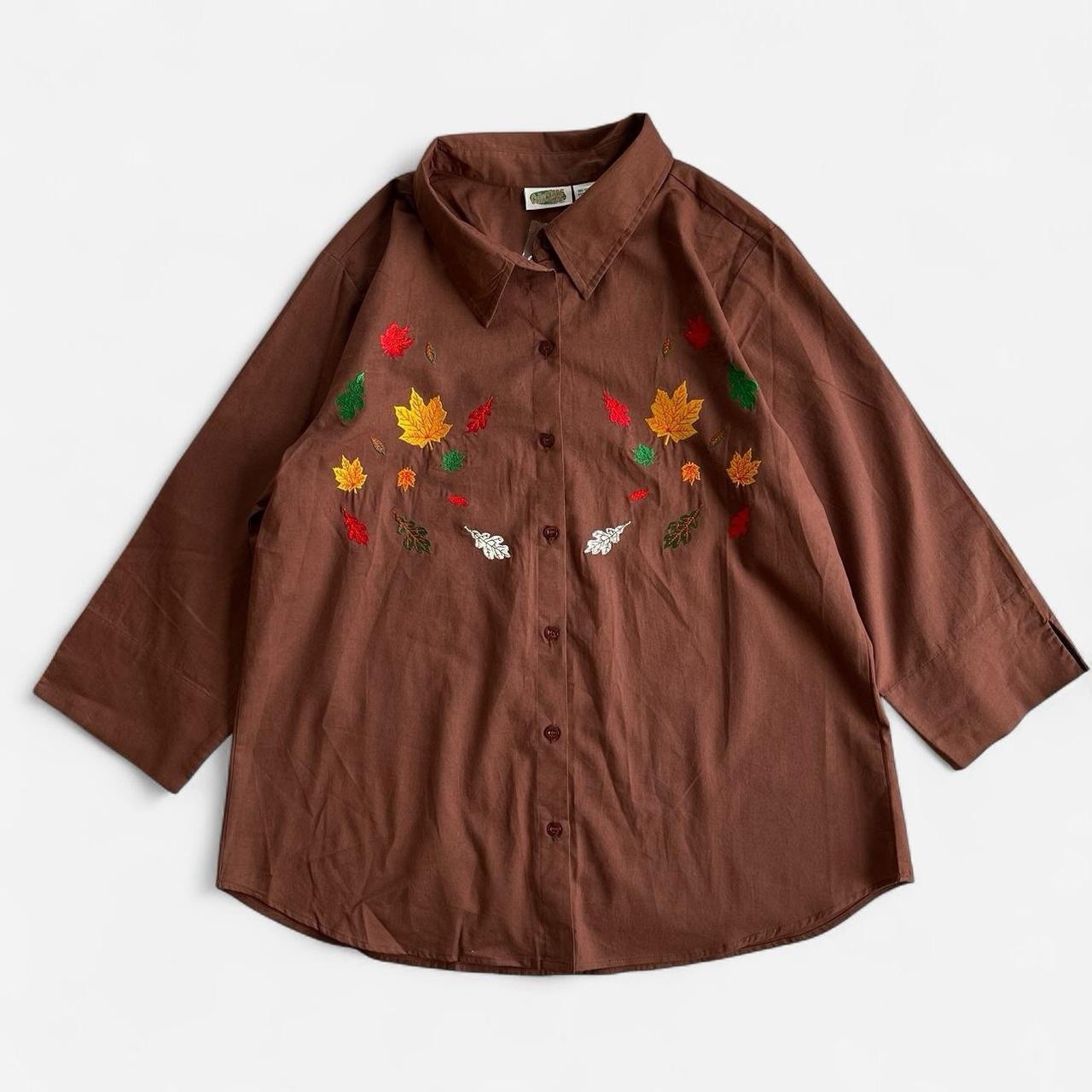 Vintage Collections Etc. 3/4 Sleeves Embroidered Fall Leaves Button Down Shirt